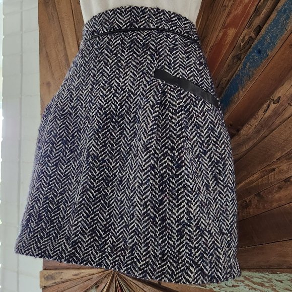 Tibi wool/ leather trim pockets herringbone high waist mini skirt Sz 6 - Picture 2 of 9